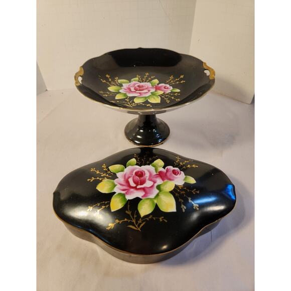 Vtg Lefton Pedestal Bowl Compote & Dresser trinket Box Black with Pink Roses H.P - Picture 1 of 16